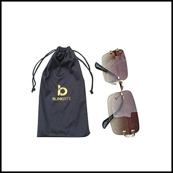 Retro Rimless Rectangular Sunglasses Golden Frames UV400 Protection Leather Case